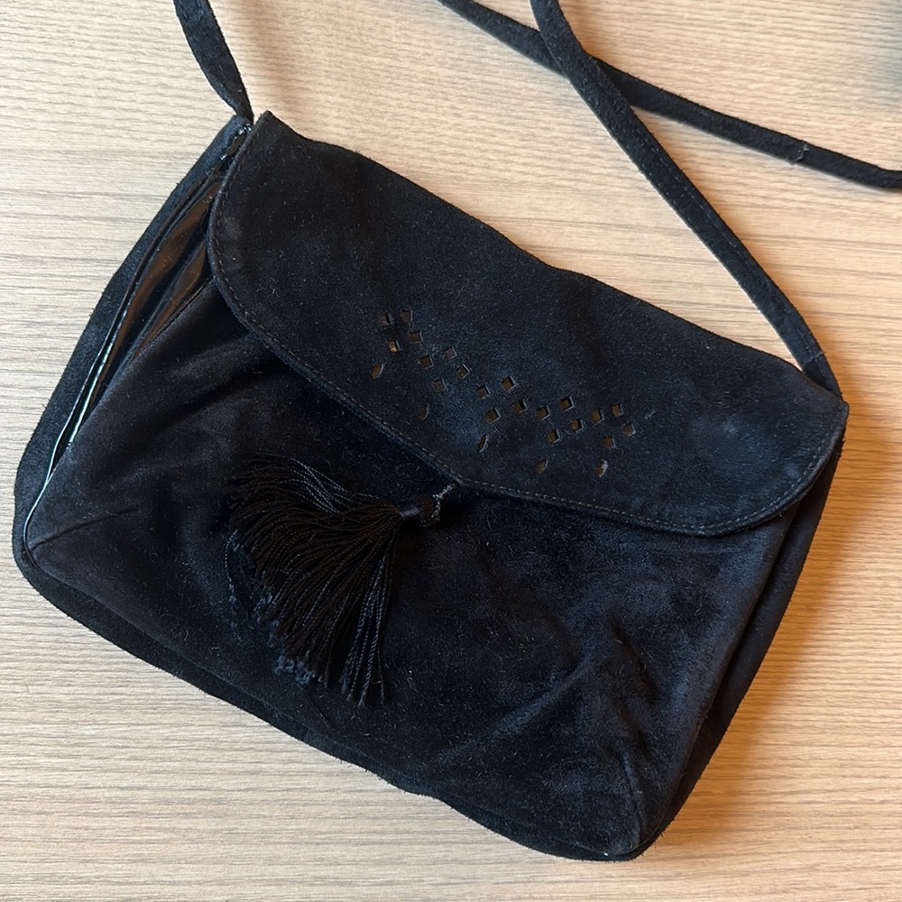 Vintage crossbody bag suede black tassel 70s 80s Italy - Picture 4 of 12
